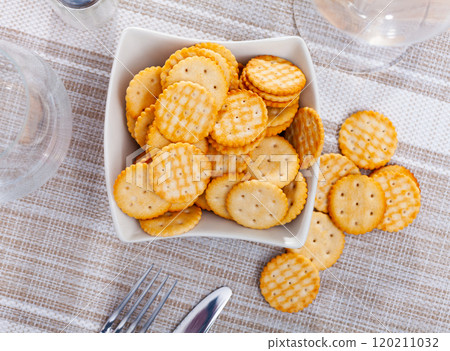 Appetizing crackers in a plate on the table 120211032