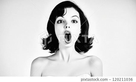 Beautiful woman with open mouth showing surprise emotion 120211036