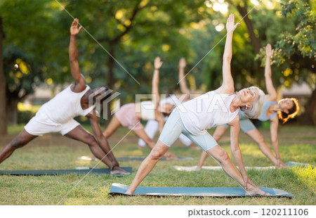 Elderly woman practices yoga pose Anjaneyasana with other people of different nationalities in summer park Elderly woman practices yoga pose Anjaneyasana with other people of different nationalities in summer park 120211106