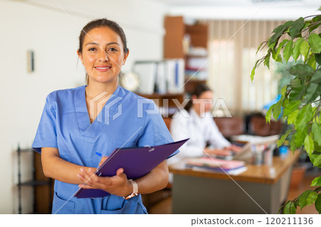 Portrait of friendly female doctor wearing uniform 120211136