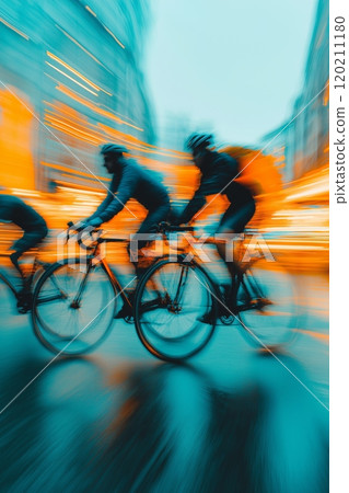Cycling in the city. Motion blurred people riding bicycles in the city. Urban cycling 120211180