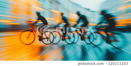 Cycling in the city. Motion blurred people riding bicycles in the city. Urban cycling 120211183