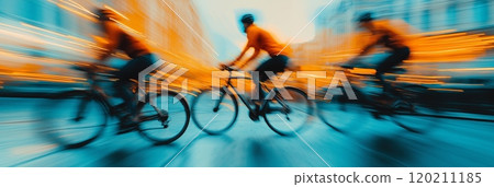 Cycling in the city. Motion blurred people riding bicycles in the city. Urban cycling 120211185