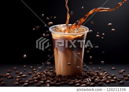 Dynamic splash of iced coffee in motion. 120211336