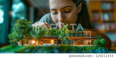 Architect. A young European woman looks at a table with an architectural model of a modern green house with trees 120211353