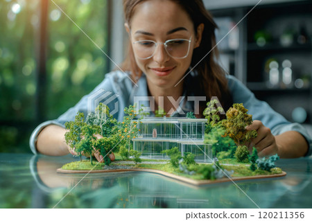 Architect. A young European woman looks at a table with an architectural model of a modern green house with trees 120211356