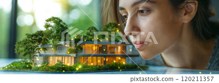 Architect. A young European woman looks at a table with an architectural model of a modern green house with trees 120211357
