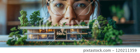 Architect. A young European woman looks at a table with an architectural model of a modern green house with trees 120211359