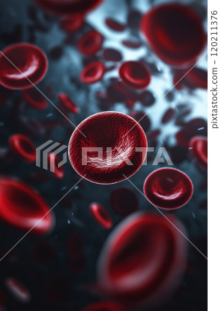 Blood platelets. Microscopic view of blood cells, leukocytes, erythrocytes. 120211376
