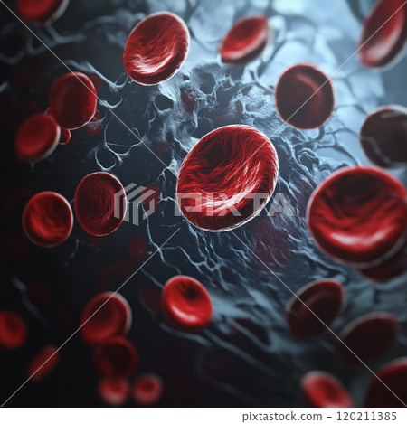 Blood platelets. Microscopic view of blood cells, leukocytes, erythrocytes. 120211385