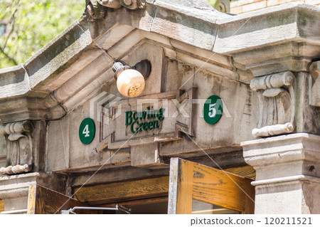 Historic Bowling Green subway entrance in New York City. Concept of classic architecture and urban transportation 120211521