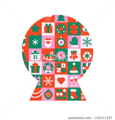 Snowball silhouette in modern minimalist geometric style. Xmas symbol made of geometrical patterns and simple festive elements. 120211597