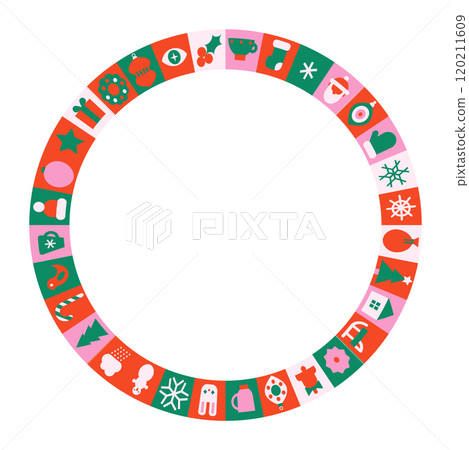 Geometric tiles for Christmas design. Round ornate composition. festive mosaic frame Geometric tiles for Christmas design. Round ornate composition. festive mosaic frame 120211609