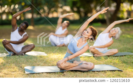 Group of athletic people of different nationalities exercise together in park - stretching their bodies 120211610