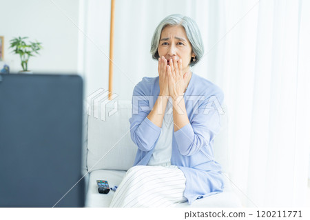 Senior woman watching TV in the living room Senior woman watching TV in the living room 120211771