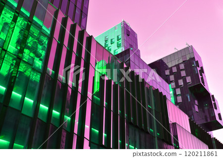 Colorful glass skyscrapers, building facades, minimalistic cityscape, modern architecture 120211861