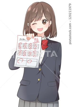 A smiling anime-style female student holding a test with a high score 120211979