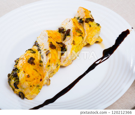 Plate of appetizing baked turkey breast Plate of appetizing baked turkey breast 120212366