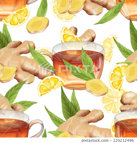 Seamless pattern with ginger, lemon, and tea cup. Hand drawn background 120212496