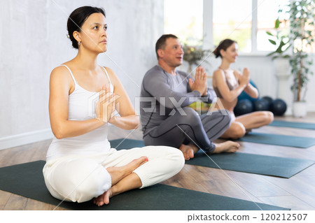 People different nationality making yoga meditation in lotus pose in fitness studio People different nationality making yoga meditation in lotus pose in fitness studio 120212507