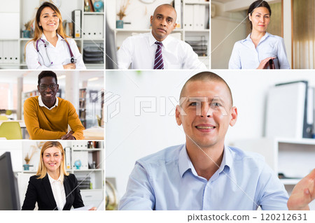Collage of portraits of mixed age group of focused business professionals 120212631