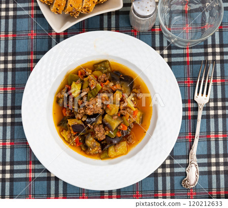Vegetable stew served with minced meat Vegetable stew served with minced meat 120212633