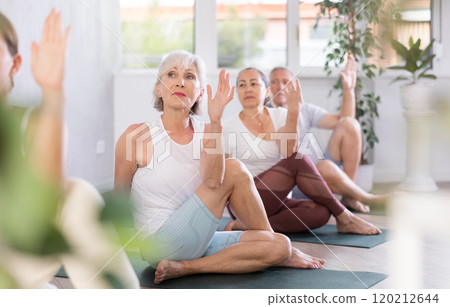 Group of elderly people doing yoga on mat in studio Group of elderly people doing yoga on mat in studio 120212644