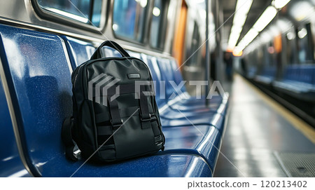 A black backpack on a subway seat 120213402