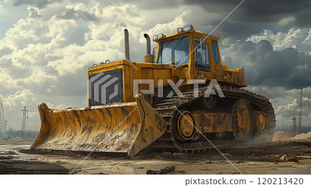 Muddy yellow bulldozer at a construction site 120213420