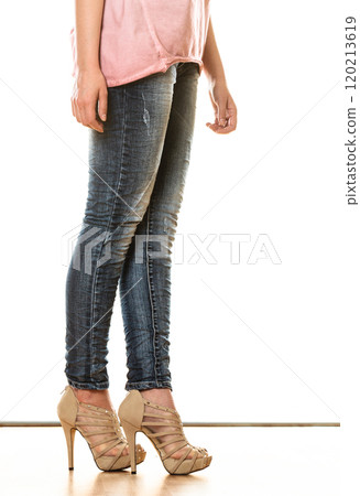woman legs in denim trousers high heels shoes woman legs in denim trousers high heels shoes 120213619