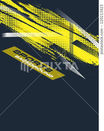 Sport Cover or Poster Design with Yellow Brush Strokes and Halftone Effect on Blue Background. Abstract Grunge Sport Background 120213825