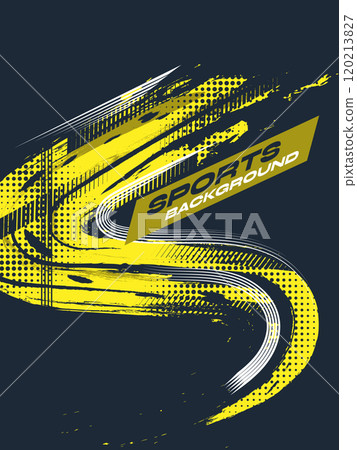Sport Cover or Poster Design with Yellow Brush Strokes and Halftone Effect on Blue Background. Abstract Grunge Sport Background 120213827
