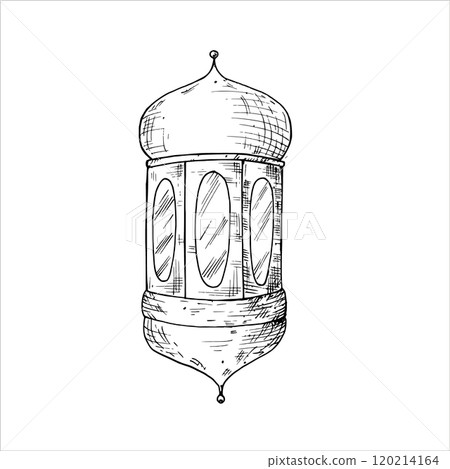 Vector Islamic arabian lantern. Graphic illustration isolated on white background. Muslim hand drawn line sketch, holiday Ramadan Kareem or Eid Al Adha 2025. For designers, prints, postcards, wrapping 120214164