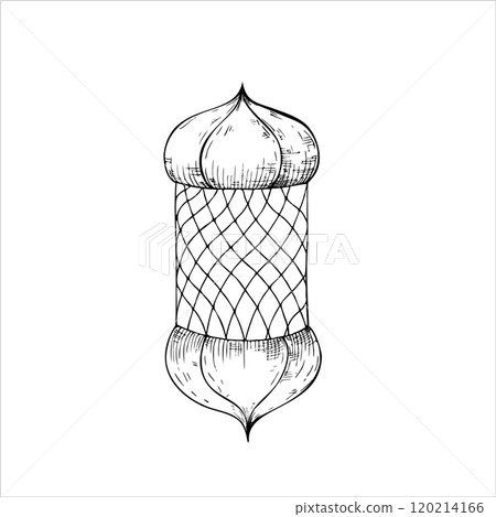 Vector Islamic arabian lantern. Graphic illustration isolated on white background. Muslim hand drawn line sketch, holiday Ramadan Kareem or Eid Al Adha 2025. For designers, prints, postcards, wrapping 120214166