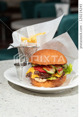 American classic cheeseburger with french fries 120214245