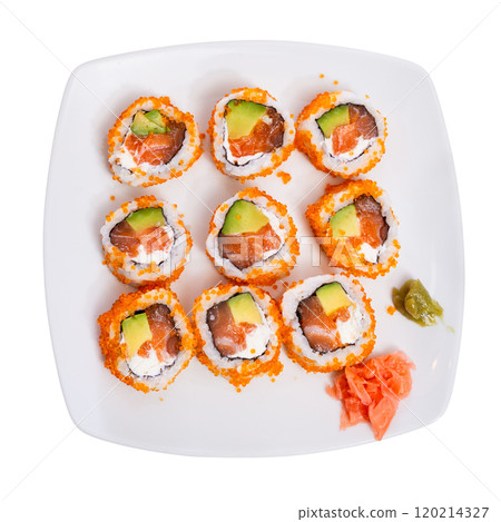 California roll masago caviar with cheese avocado and salmon California roll masago caviar with cheese avocado and salmon 120214327