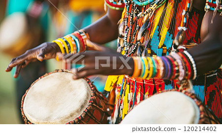 Culturally rich scene featuring vibrant traditional attire and musical instruments 120214402
