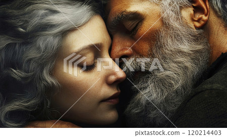 A touching and intimate moment captured between an elderly couple 120214403
