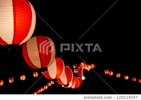 Bon Odori lanterns lined up from the front left to the tower at the back right 120214547