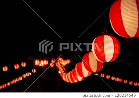 A scene of lanterns and Bon Odori dancing approaching from the tower in the background. A scene of lanterns and Bon Odori dancing approaching from the tower in the background. 120214549