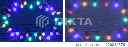 christmas garland lights on blue wooden background with copy space for your text. Top view 120214578