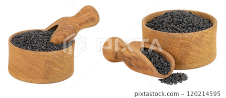 black sesame seeds in wooden bowl and scoop isolated on white background with full depth of field black sesame seeds in wooden bowl and scoop isolated on white background with full depth of field 120214595