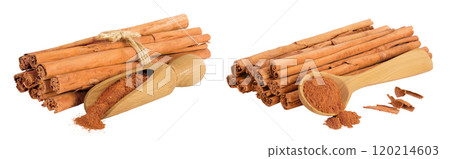 Cinnamon sticks with powder in wooden scoop and spoon isolated on white background with full depth of field 120214603