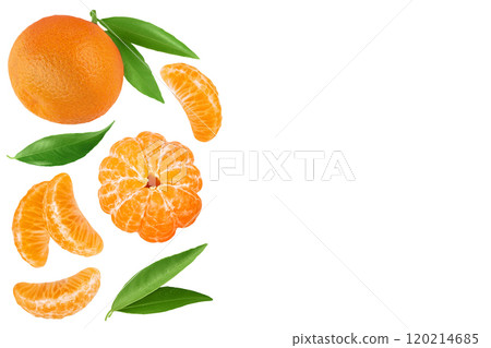 Tangerine or clementine with green leaf isolated on white background with full depth of field. Top view with copy space for your text. Flat lay 120214685