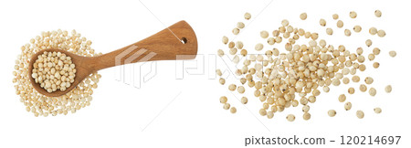 Sorghum seeds in wooden spoon isolated on white background. Top view. Flat lay. 120214697
