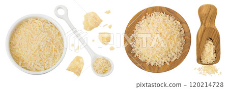 grated parmesan cheese in ceramic and wooden bowl isolated on white background. Top view. Flat lay grated parmesan cheese in ceramic and wooden bowl isolated on white background. Top view. Flat lay 120214728