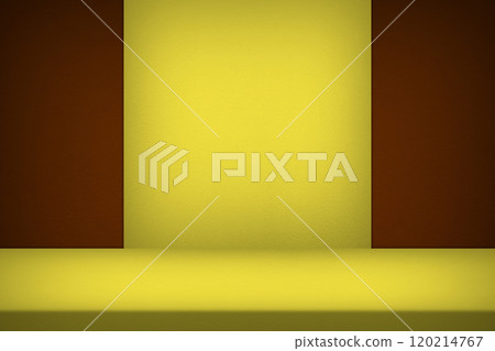 Gold Table and Partition with Dark shade of Brown Concrete Wall Background 120214767