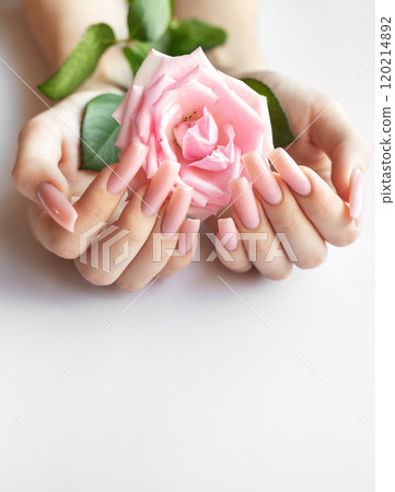 Woman showing her manicure and holding a pink rose 120214892