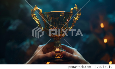 Hand holding golden trophy cup in spotlight against dark background, symbolizing sports achievement and victory 120214919