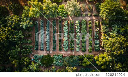 Aerial view of lush vegetable garden with organized planting rows and green trees surrounding, showcasing sustainable agriculture and organic gardening 120214924